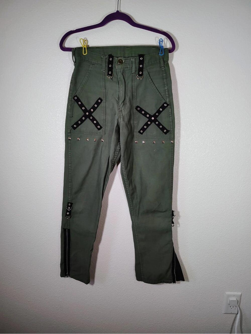 Cargo Pants 29 In. Green Flared Zip Skinny Punk 90s black X Army y2k - Picture 2 of 8